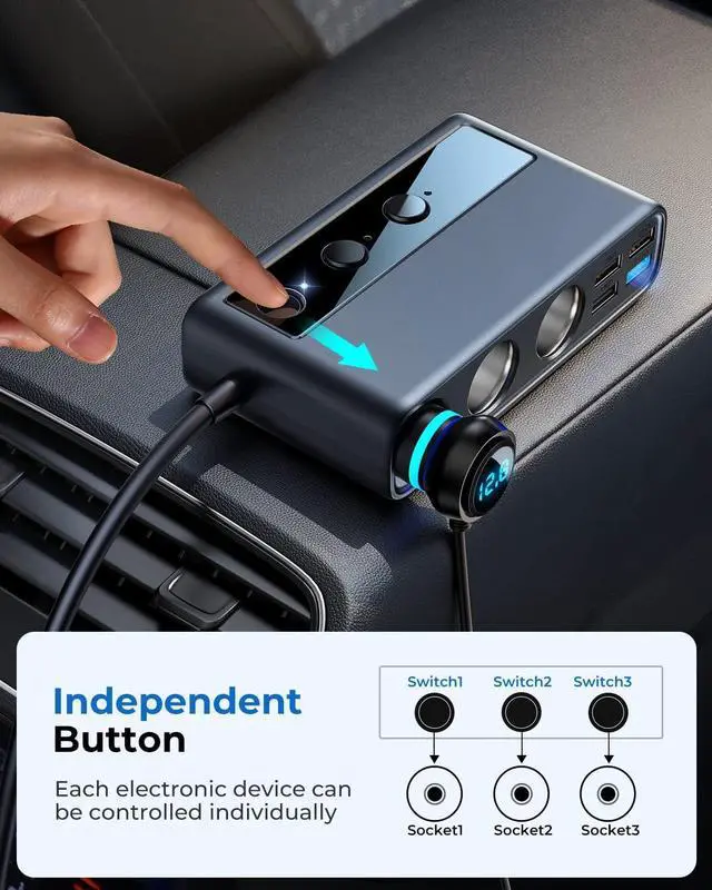 Alt view image 6 of 7 - 9-in-1 Cigarette Lighter Splitter, 210W Cigarette Lighter Adapter with PD/QC 3.0 * 2 Charging (3.3 ft. Cable), 12V/24V Individually Switched DC Cigarette Lighter Port Car Charger for All Automotive De