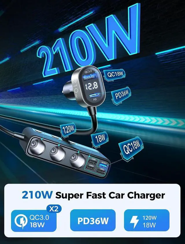 Alt view image 5 of 7 - 9-in-1 Cigarette Lighter Splitter, 210W Cigarette Lighter Adapter with PD/QC 3.0 * 2 Charging (3.3 ft. Cable), 12V/24V Individually Switched DC Cigarette Lighter Port Car Charger for All Automotive De