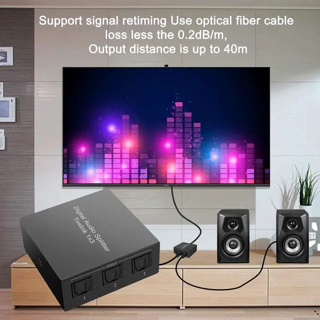 Alt view image 6 of 7 - 3-Port Toslink Splitter with Fiber Optic Cables (1 in 3 out) Premium Digital Fiber Optic Audio Splitter Aluminum SPDIF Toslink Fiber Optic Audio Splitter Dolby Digital DTS 5.1 PCM Stereo Support LPCM