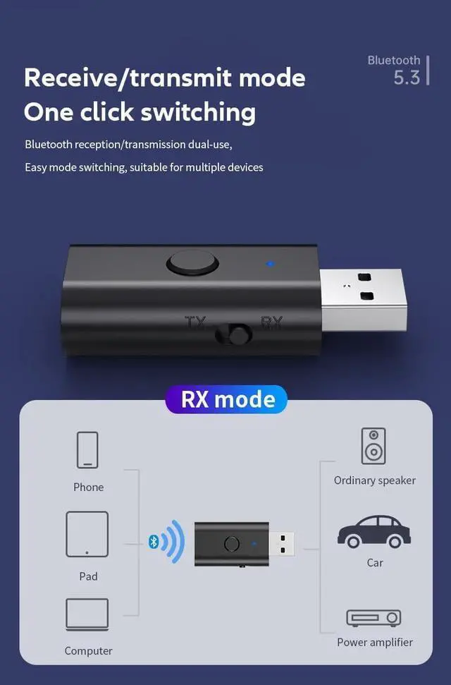 Alt view image 5 of 7 - 5.3 Transceiver 2-in-1 BT Receiver, USB Bluetooth Adapter, Wireless Audio Adapter, Low Latency, USB Powered for TV/PC Home/Car Audio Systems