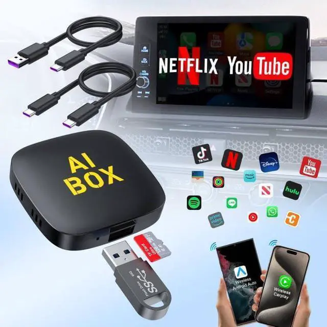 Main image of 4-in-1 wireless CarPlay adapter supports Netflix/YouTube/TF card, Android Auto and Carplay adapter comes with USB-A and USB-C cables to convert wired to wireless Apple Dongle, iOS video box in-car pla