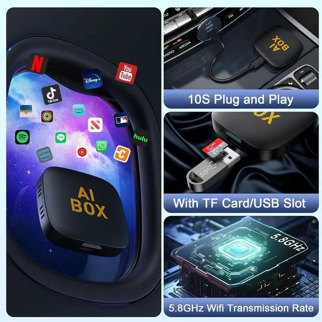 Alt view image 5 of 7 - 4-in-1 wireless CarPlay adapter supports Netflix/YouTube/TF card, Android Auto and Carplay adapter comes with USB-A and USB-C cables to convert wired to wireless Apple Dongle, iOS video box in-car pla