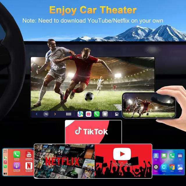 Alt view image 6 of 7 - 4-in-1 wireless CarPlay adapter supports Netflix/YouTube/TF card, Android Auto and Carplay adapter comes with USB-A and USB-C cables to convert wired to wireless Apple Dongle, iOS video box in-car pla