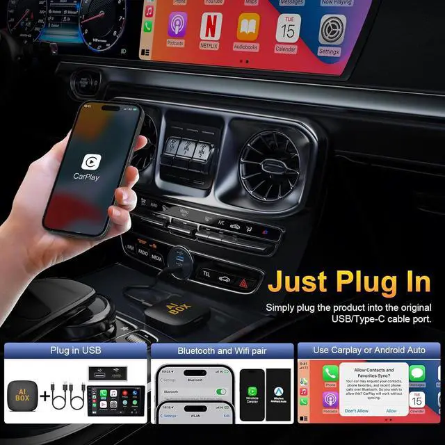 Alt view image 4 of 7 - 4-in-1 wireless CarPlay adapter supports Netflix/YouTube/TF card, Android Auto and Carplay adapter comes with USB-A and USB-C cables to convert wired to wireless Apple Dongle, iOS video box in-car pla