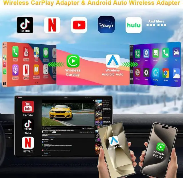 Alt view image 7 of 7 - 4-in-1 wireless CarPlay adapter supports Netflix/YouTube/TF card, Android Auto and Carplay adapter comes with USB-A and USB-C cables to convert wired to wireless Apple Dongle, iOS video box in-car pla