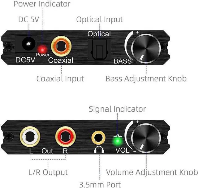 Alt view image 2 of 5 - 192KHz Digital to Analog Audio Converter with Bass and Volume Adjustment, Digital SPDIF/Optical/Toslink/Coaxial to Analog Stereo L/R RCA and 3.5mm Jack Converter