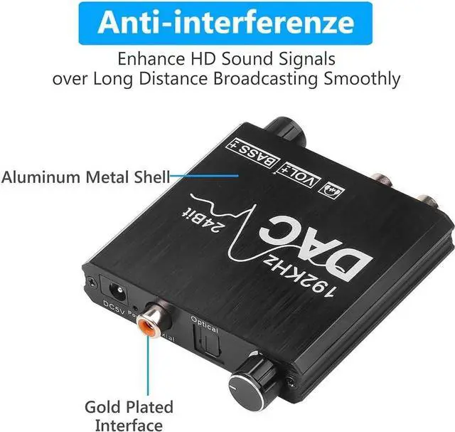 Alt view image 4 of 5 - 192KHz Digital to Analog Audio Converter with Bass and Volume Adjustment, Digital SPDIF/Optical/Toslink/Coaxial to Analog Stereo L/R RCA and 3.5mm Jack Converter