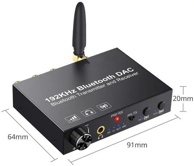 Alt view image 2 of 7 - 192KHz DAC Bluetooth 5.0 Transmitter and Receiver, aptX HD and Low Latency Audio Adapter, Optical Coaxial to RCA L/R 3.5mm Jack Digital to Analog Converter for TV, Speakers, Headphones