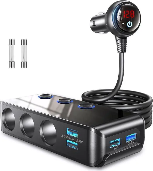 Main image of Cigarette Lighter Adapter Splitter, 180W12V/24V 3-Way Power Splitter DC Outlet with 8.5A 4 USB Ports Multi-Function Car Charger, LED Display Voltage, QUICK CHARGE 3.0 [Upgraded] Switches