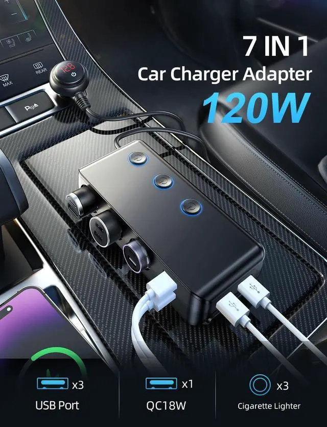 Alt view image 6 of 7 - Cigarette Lighter Adapter Splitter, 180W12V/24V 3-Way Power Splitter DC Outlet with 8.5A 4 USB Ports Multi-Function Car Charger, LED Display Voltage, QUICK CHARGE 3.0 [Upgraded] Switches