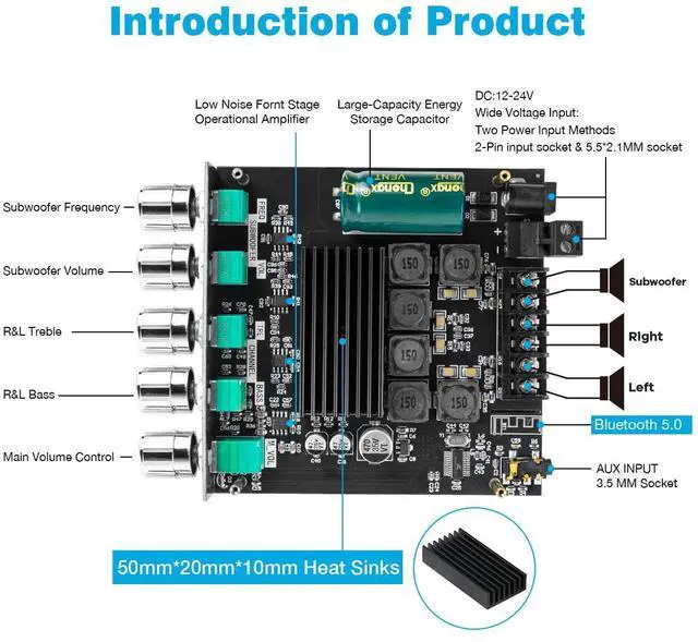 Alt view image 6 of 7 - Bluetooth 5.0 50W+50W+100W 2.1 Channel Subwoofer Amplifier Board TPA3116D2 HiFi Treble and Bass Control Stereo Digital Audio Amplifier Board for Home Theater DIY Wireless Speakers