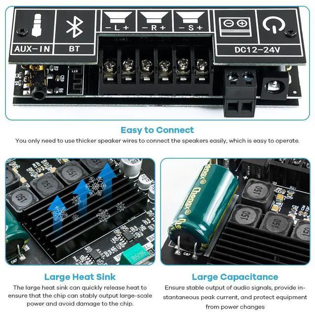Alt view image 7 of 7 - Bluetooth 5.0 50W+50W+100W 2.1 Channel Subwoofer Amplifier Board TPA3116D2 HiFi Treble and Bass Control Stereo Digital Audio Amplifier Board for Home Theater DIY Wireless Speakers
