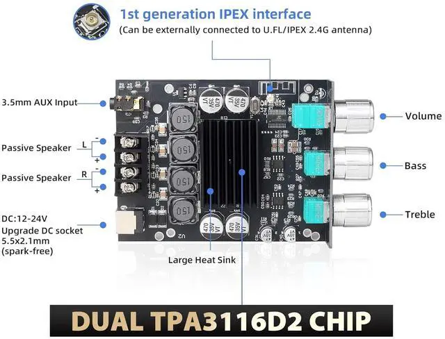 Alt view image 2 of 7 - 100W+100W Amplifier Board with Treble and Bass Controls, DC 9-24V, BT and AUX Inputs, 2.0 Channel Stereo Amplifier Board for DIY Wireless Speakers, Password-Free (ZK-1002T)