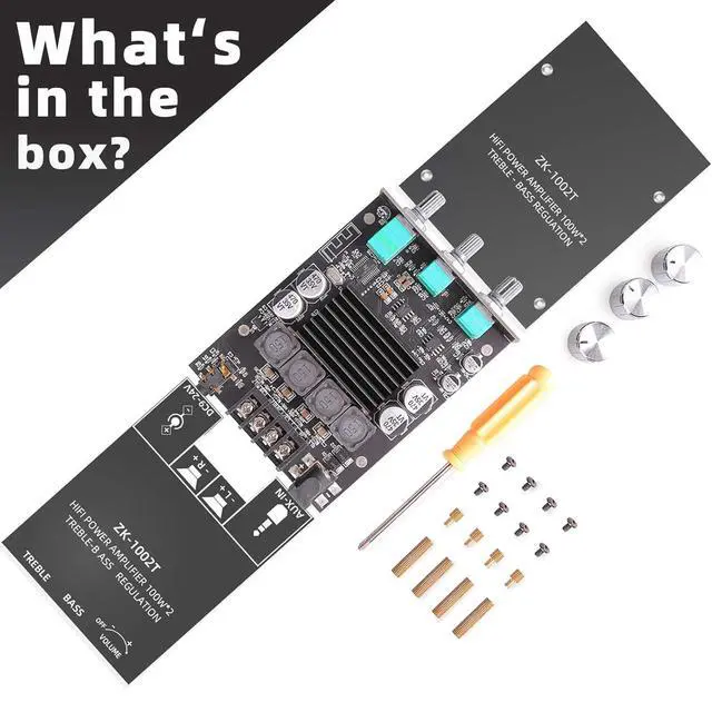 Alt view image 5 of 7 - 100W+100W Amplifier Board with Treble and Bass Controls, DC 9-24V, BT and AUX Inputs, 2.0 Channel Stereo Amplifier Board for DIY Wireless Speakers, Password-Free (ZK-1002T)