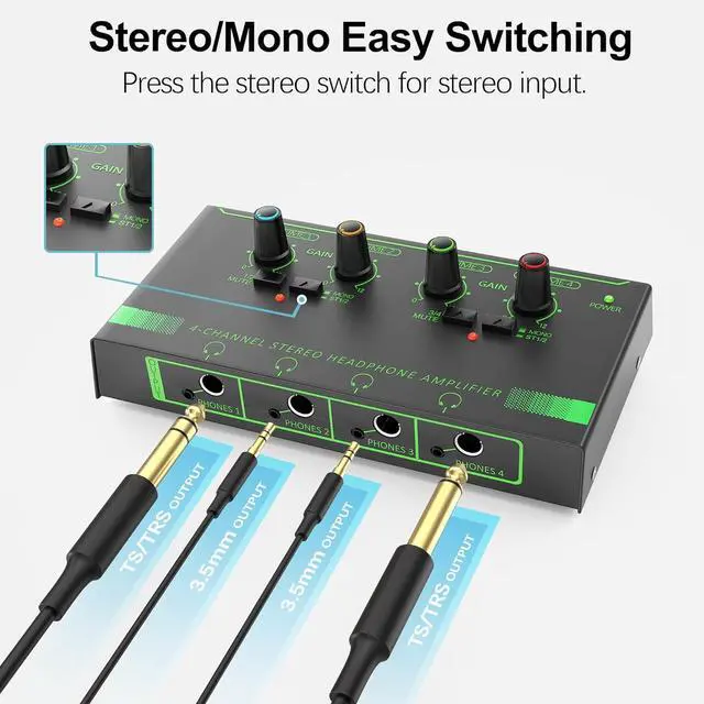 Alt view image 3 of 7 - 4-Channel Headphone Amplifier, Portable Mini Headphone Splitter with Individual Volume Controls, Low Noise Stereo Outputs, Compatible with 1/4 & 1/8 TS/TRS, Ideal for Studio Stages