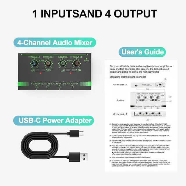 Alt view image 4 of 7 - 4-Channel Headphone Amplifier, Portable Mini Headphone Splitter with Individual Volume Controls, Low Noise Stereo Outputs, Compatible with 1/4 & 1/8 TS/TRS, Ideal for Studio Stages
