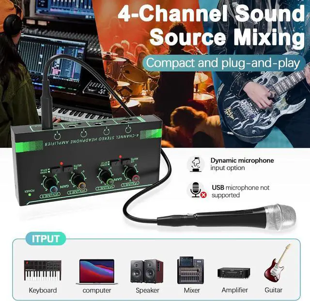 Alt view image 6 of 7 - 4-Channel Headphone Amplifier, Portable Mini Headphone Splitter with Individual Volume Controls, Low Noise Stereo Outputs, Compatible with 1/4 & 1/8 TS/TRS, Ideal for Studio Stages