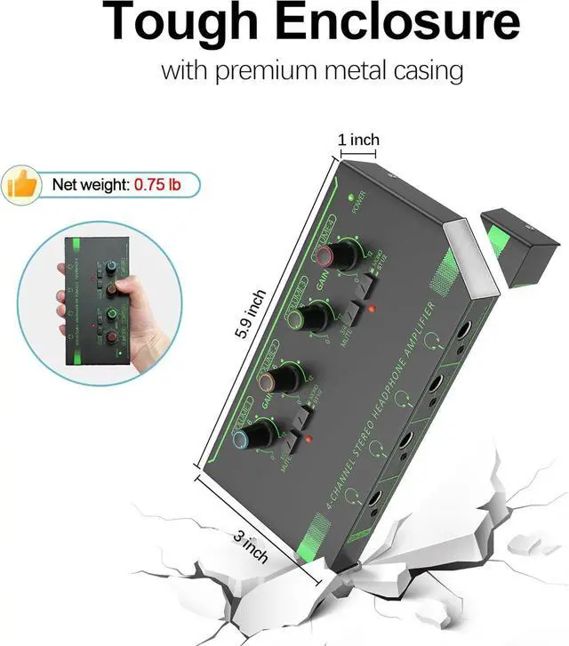 Alt view image 7 of 7 - 4-Channel Headphone Amplifier, Portable Mini Headphone Splitter with Individual Volume Controls, Low Noise Stereo Outputs, Compatible with 1/4 & 1/8 TS/TRS, Ideal for Studio Stages