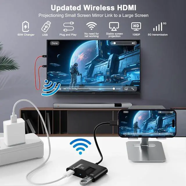 Alt view image 5 of 7 - Wireless HDMI Transmitter and Receiver, Portable USB C to HDMI Wireless Transmitter Kit, Mirror Small Screen to Large Screen, Support Projection of YouTube/Netflix/Hulu and other Streaming Media, Plug