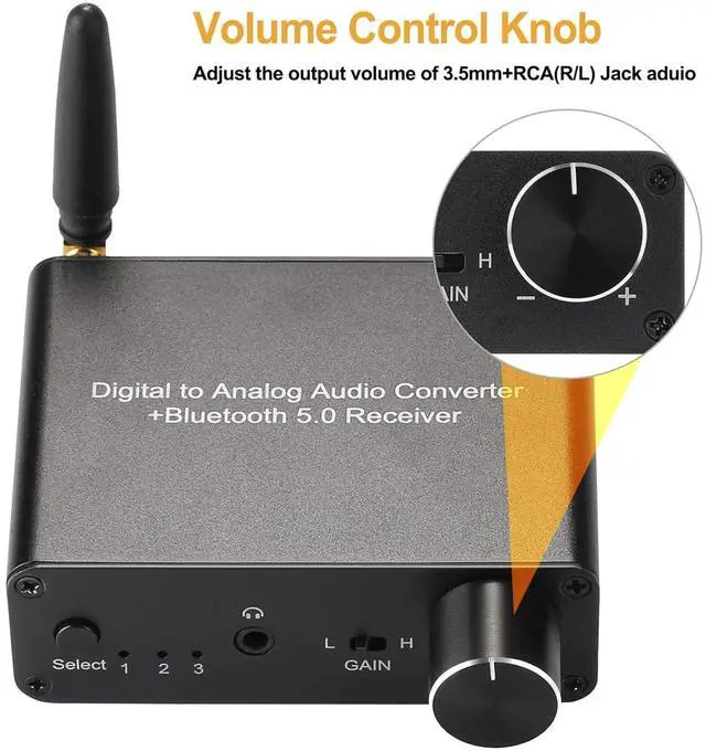 Alt view image 3 of 7 - 192kHz Digital-to-Analog Converter Bluetooth 5.0 Receiver DAC with 16-300 Headphone Amplifier Optical/Coaxial to RCA 3.5mm Audio Output with Volume Control for TV Phone Tablet (Normal, Basic)