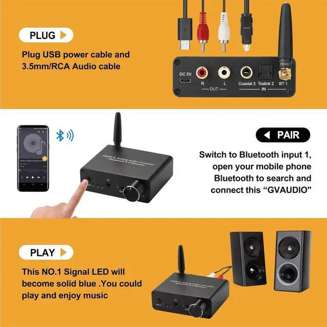 Alt view image 4 of 7 - 192kHz Digital-to-Analog Converter Bluetooth 5.0 Receiver DAC with 16-300 Headphone Amplifier Optical/Coaxial to RCA 3.5mm Audio Output with Volume Control for TV Phone Tablet (Normal, Basic)