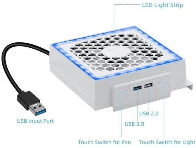 Alt view image 6 of 7 - Xbox Series S Cooling Fan, RGB LED Display, Low Noise, 2 Extra USB Ports, 3 Levels of Adjustable Speed External Cooling Fan, For Xbox Series S Console Only - White