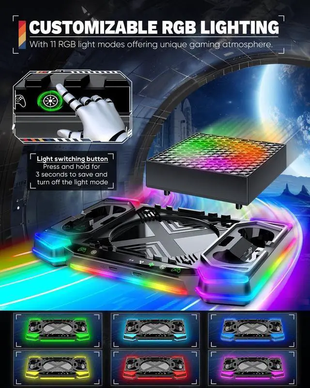 Alt view image 3 of 7 - Top-of-the-line auto-cooling fan and charging stand for Xbox Series X consoles with 11 light modes, accessory controller wireless charger dock, 2 * 1400mAh rechargeable batteries, headset holder and g