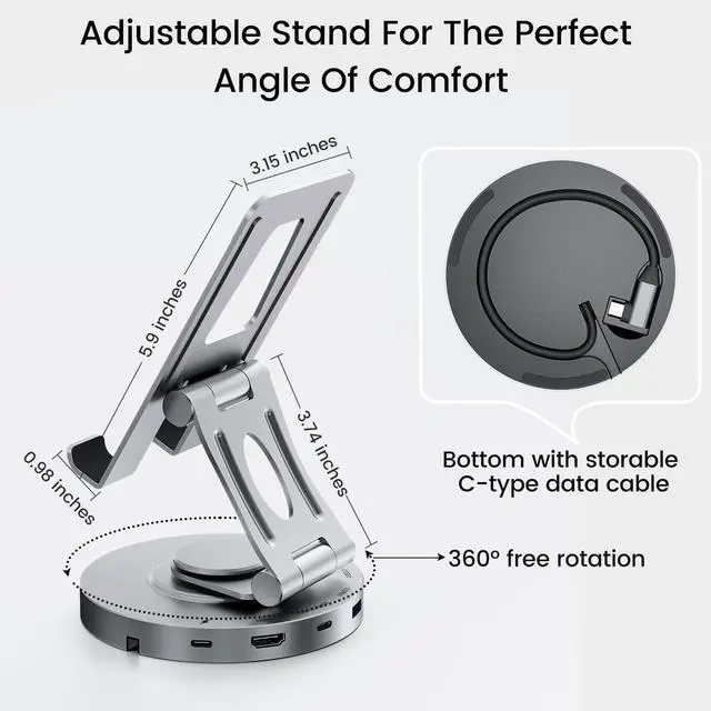 Alt view image 2 of 7 - USB C Hub for Ipad Pro Docking Station, 8-in-1 Swivel Folding Type-C Tablet Holder with 4k HDMI, USB C 3.0 Data Port, 2*USB A 3.0,100W PD Charging, 3.5mm Auxiliary for Ipad Pro/Phone 15/Galaxy Tab