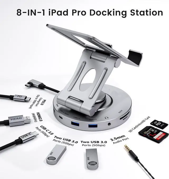 Alt view image 6 of 7 - USB C Hub for Ipad Pro Docking Station, 8-in-1 Swivel Folding Type-C Tablet Holder with 4k HDMI, USB C 3.0 Data Port, 2*USB A 3.0,100W PD Charging, 3.5mm Auxiliary for Ipad Pro/Phone 15/Galaxy Tab