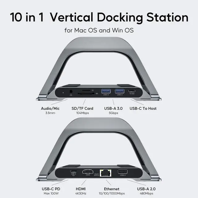 Alt view image 2 of 7 - MacBook Docking Station, USB C Docking Station with Vertical Bracket Compatible with MacBook Pro and Air with 4K HDMI, 3 USB, SD/TF, PD3.0, RJ45 Ethernet, Audio for HP/Dell/Lenovo Laptops