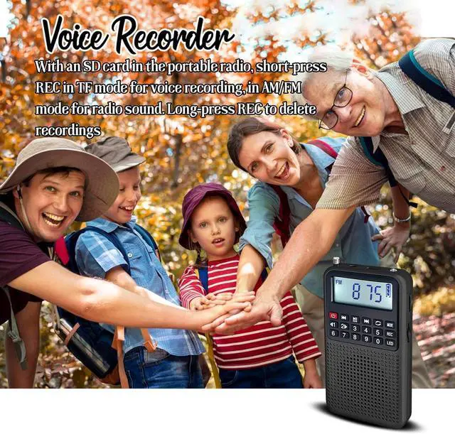 Alt view image 5 of 7 - Portable FM AM Radio with Bluetooth, Recording, TF Card Support, Stable Signal Reception, LED Emergency Light, Home and Outdoor Use Compact Design (Black)