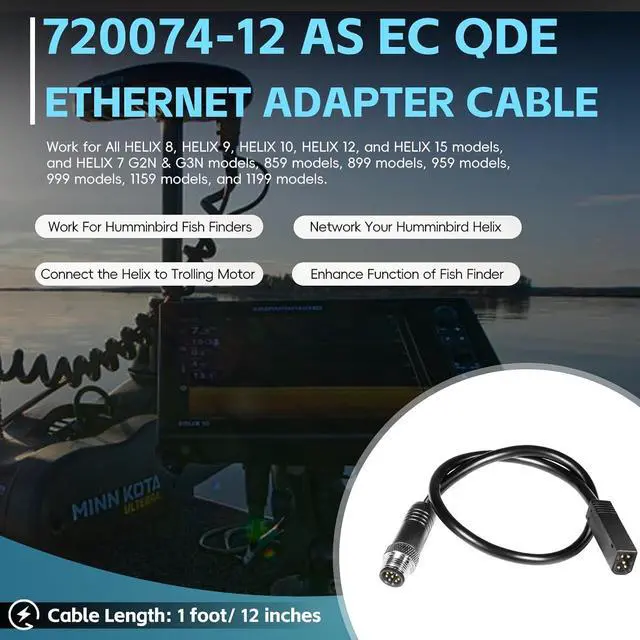 Alt view image 4 of 7 - 720074-12 AS EC QDE Ethernet Adapter Cable for Hummingbird Fishfinder HELIX 7, HELIX 8, HELIX 9, HELIX 10, HELIX 12, and HELIX 15 Models, Networked Hummingbird Fishfinders, 12-inch Lengths