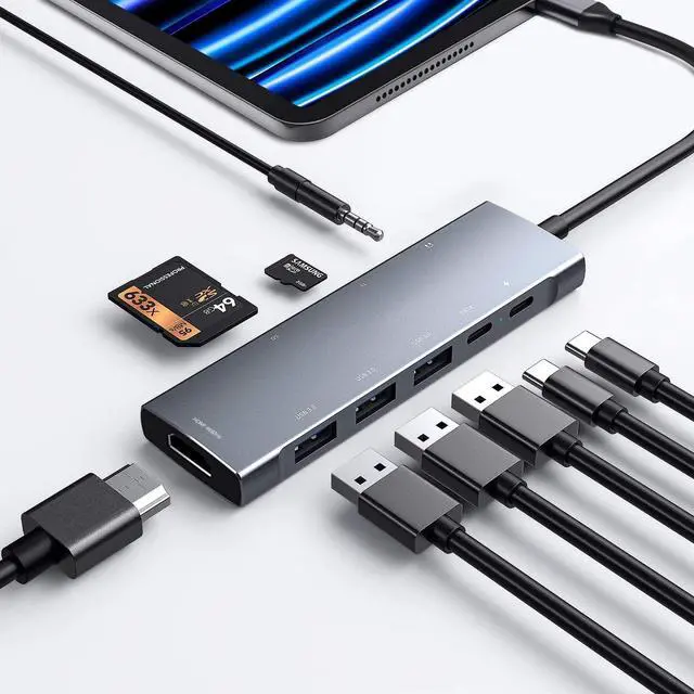 Main image of USB C Hub 9-in-1 Adapter for iPad Pro iPad Pro M4 M2 M1 13 12.9 11-inch iPad Air 5 4 Docking Station with 4K HDMI, USB-C PD, SD/TF Card Reader, USB 3.0, 3.5mm Headphone Jack, Type C Data, iPad Mini 6