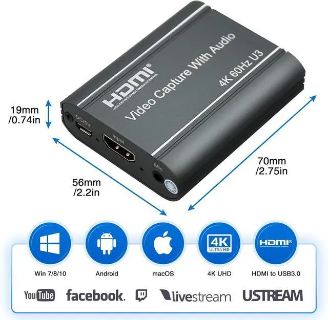 Alt view image 2 of 7 - 4K Video Capture Card, HDMI to USB 3.0, 1080p 60fps Game Capture Device with Audio Output for Streaming Media