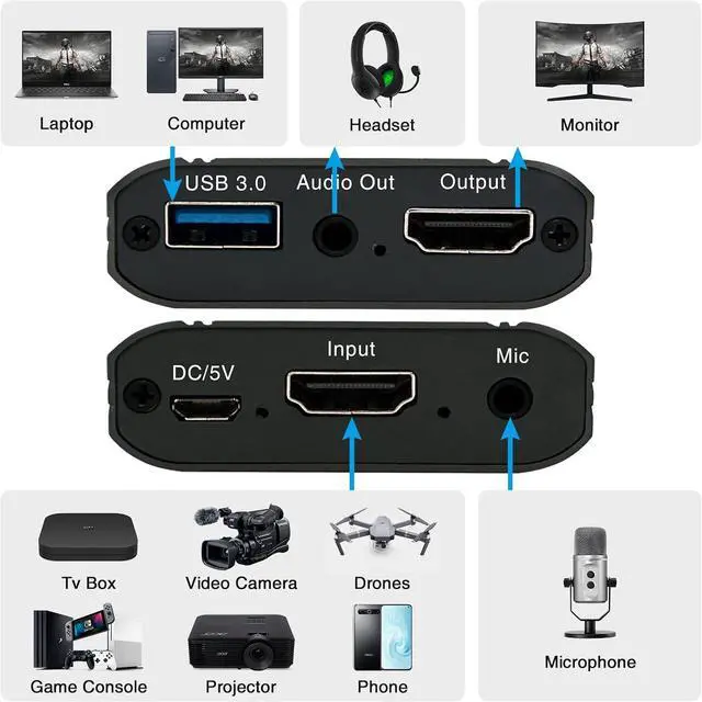 Alt view image 3 of 7 - 4K Video Capture Card, HDMI to USB 3.0, 1080p 60fps Game Capture Device with Audio Output for Streaming Media