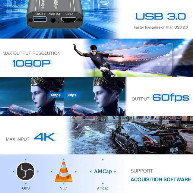 Alt view image 6 of 7 - 4K Video Capture Card, HDMI to USB 3.0, 1080p 60fps Game Capture Device with Audio Output for Streaming Media
