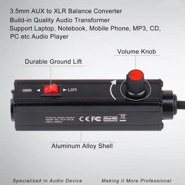 Alt view image 7 of 7 - Pro101A AUX to XLR Isolation Box with Volume Control and Ground Lift Switch Built-in Power Cord Length 3.3 ft. with Removable 3.5 mm Aux Gold Coated Plug (Pro 101A Aux-XLR)