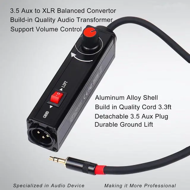 Alt view image 5 of 7 - Pro101A AUX to XLR Isolation Box with Volume Control and Ground Lift Switch Built-in Power Cord Length 3.3 ft. with Removable 3.5 mm Aux Gold Coated Plug (Pro 101A Aux-XLR)