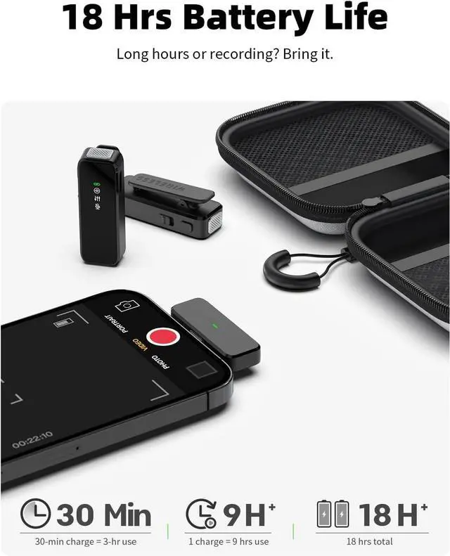 Alt view image 3 of 6 - Wireless Lavalier Microphone for iPhone with Noise Cancellation, 100-Foot Transmission, 18-Hour Battery Life, Wireless Lavalier Microphone for Video Recording