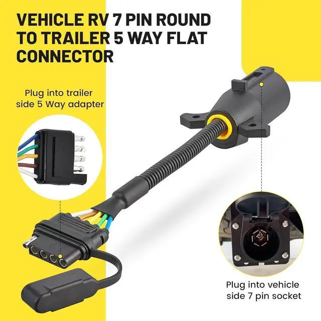 Alt view image 3 of 7 - 7-Pin to 5-Pin Trailer Adapter 7-Way Round to 5-Way Flat Trailer Plug, RV Blade 7-Way to 5-Pin Flat Trailer Light Wiring Connector 11.6 in. Plug and Play 16-Gauge Copper Cable with Dust Cover