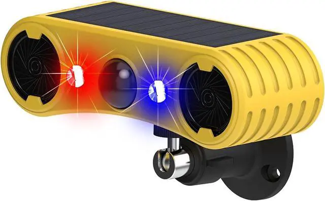 Main image of Solar Powered Outdoor Motion Sensor Alert - 13 sounds including dog barks and gunshots, 2 * 130db loud noise makers, 4 modes, red and blue motion activated strobe lights, say goodbye to intruders!