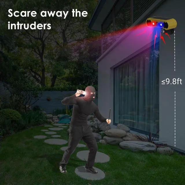 Alt view image 2 of 7 - Solar Powered Outdoor Motion Sensor Alert - 13 sounds including dog barks and gunshots, 2 * 130db loud noise makers, 4 modes, red and blue motion activated strobe lights, say goodbye to intruders!