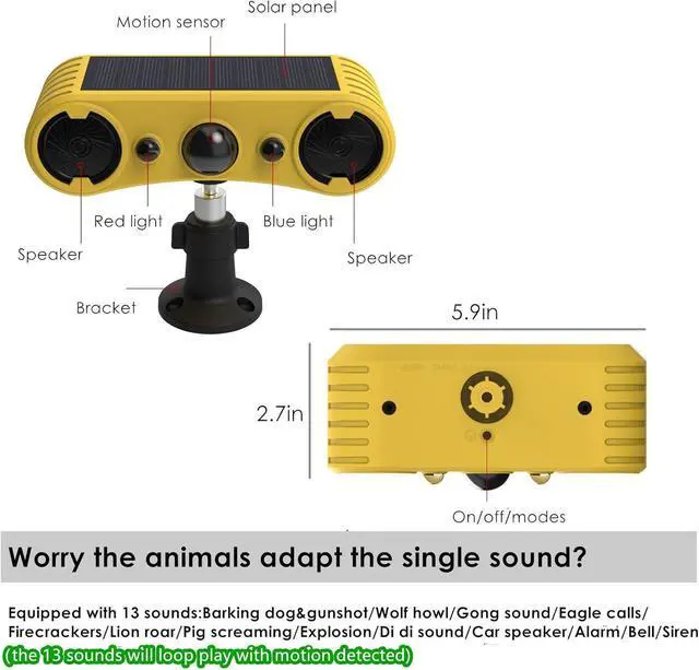 Alt view image 5 of 7 - Solar Powered Outdoor Motion Sensor Alert - 13 sounds including dog barks and gunshots, 2 * 130db loud noise makers, 4 modes, red and blue motion activated strobe lights, say goodbye to intruders!