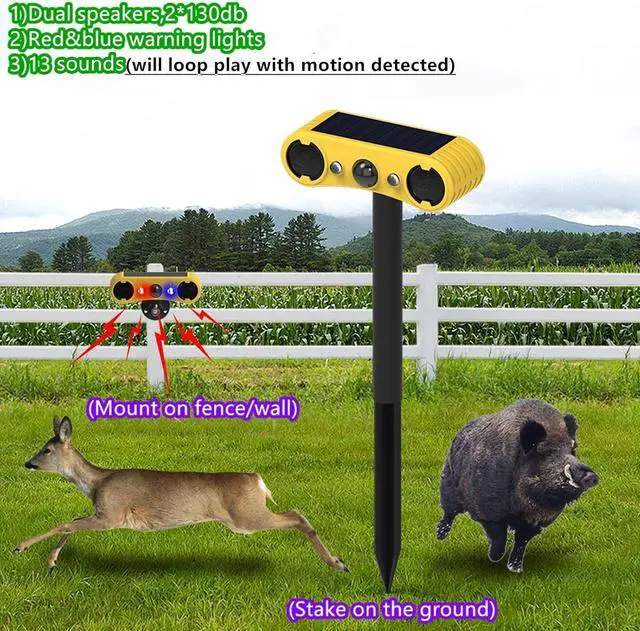 Alt view image 6 of 7 - Solar Powered Outdoor Motion Sensor Alert - 13 sounds including dog barks and gunshots, 2 * 130db loud noise makers, 4 modes, red and blue motion activated strobe lights, say goodbye to intruders!