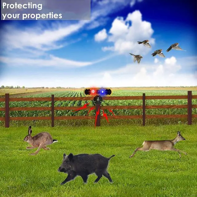 Alt view image 7 of 7 - Solar Powered Outdoor Motion Sensor Alert - 13 sounds including dog barks and gunshots, 2 * 130db loud noise makers, 4 modes, red and blue motion activated strobe lights, say goodbye to intruders!