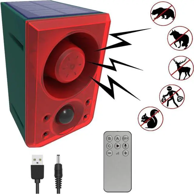 Main image of Solar Powered Outdoor Motion Sensor Alarm - Barking Dogs and Gunshots, Supports Recording ± Volume, 130db Loud Noise Maker, 3 Operating Modes with USB Strobe Light, Farewell to Intruders