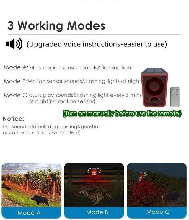 Alt view image 5 of 7 - Solar Powered Outdoor Motion Sensor Alarm - Barking Dogs and Gunshots, Supports Recording ± Volume, 130db Loud Noise Maker, 3 Operating Modes with USB Strobe Light, Farewell to Intruders