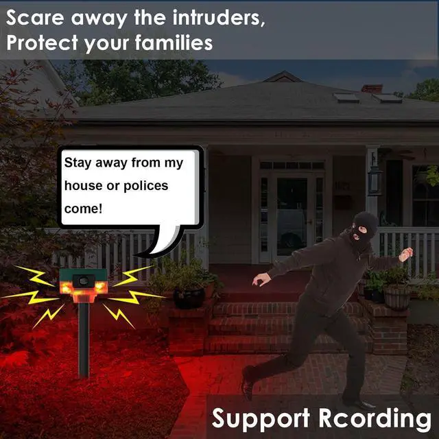 Alt view image 5 of 7 - Solar Powered Outdoor Motion Sensor Alarm - Barking Dogs and Gunshots, 130db Loud Noise Maker, Recording Support, 13 Sound Strobe Lights with USB, Say Goodbye to Intruders
