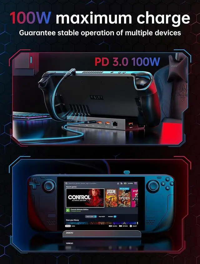 Alt view image 3 of 7 - 7-in-1 Steam Deck Dock with Dual 4K@60Hz HDMI DisplayPort - 100W USB C Dock for Steam Deck ROG Ally Legion Go - MacBook iPad Android Gaming Hub/Gigabit Ethernet 3xUSB 3.0 Ports