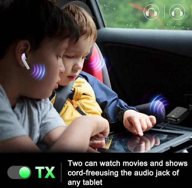 Alt view image 3 of 7 - Airplane Bluetooth 5.4 Transmitter Adapter, Supports 2 AirPods/Headphones 2-in-1 Bluetooth Transmitter Receiver with aptX Low Latency, Wireless Adapter for Flight, TV, Gym, Tablet Car Stereo (Black)